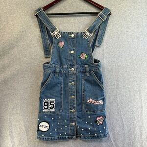 LALABOBO Denim Overall Dress Blue Pearl Retro Festival Twee Girl Patches Size 25